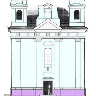 Fasáda kostela - zaměření ploch pro opravy omítek 