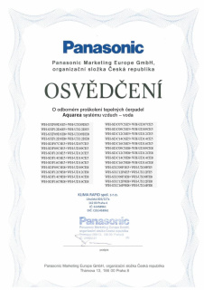Certifikát pro montáže Tepelných čerpadel Panasoni