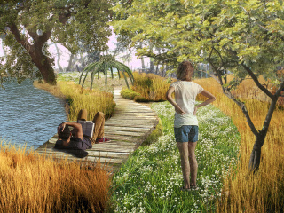 Vizualizace relaxační zóny u potoka v zahradě